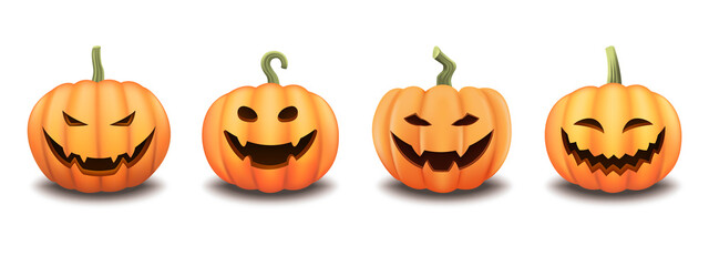 3D Render Set of smiling, creepy and funny Pumpkins on a white background for Halloween. Orange pumpkin with character for your Halloween design. Isolated 3d Vector Illustration