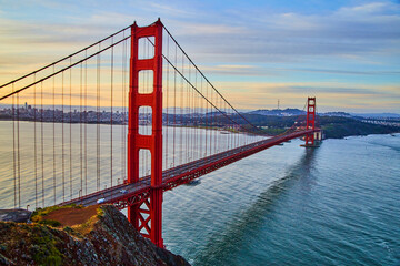 Iconic San Francisco Golden Gate Bridge during sunrise from the northwest