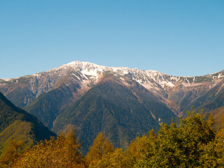 紅葉の夜叉神峠から見た白峰三山（間ノ岳）