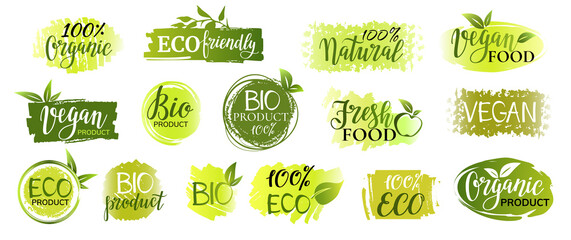 Eco product, organic, natural, bio food icons. Fresh and heath food product. Green labels collection for food market, organic productions promotion. - obrazy, fototapety, plakaty