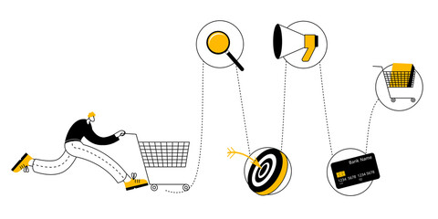 A user with a cart runs along a trajectory with various icons. Vector illustration on the theme of the customer journey. - obrazy, fototapety, plakaty