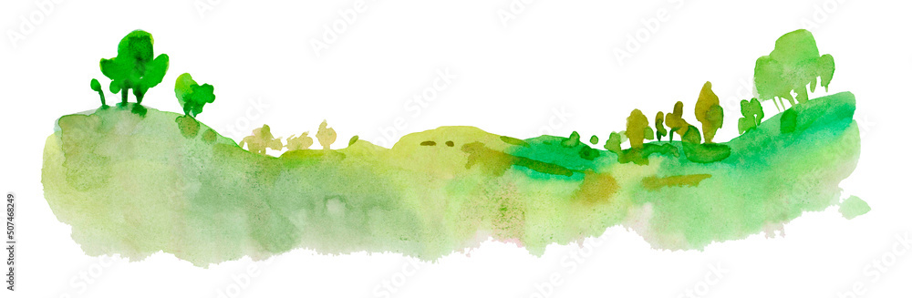 Wall mural landscape green grass field with blur trees background, watercolor illustration