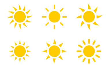 Vector set of sun icon on isolated transparent background. PNG sun icons. Cartoon yellow sun icons.