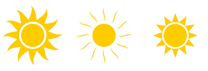 Vector set of sun icon on isolated transparent background. PNG sun icons. Cartoon yellow sun icons.