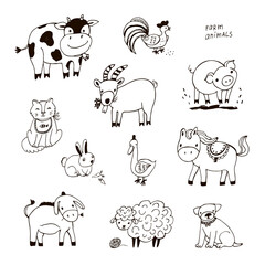 Funny farm animals animals line vector illustrations set