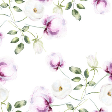 Hand drawn watercolor seamless pattern of realistic flowers . Mixed media art.