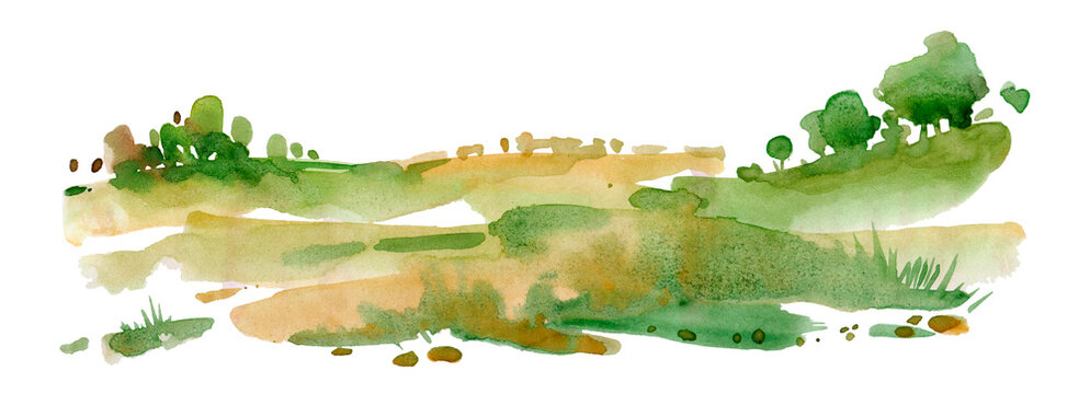 Summer watercolor landscape on white background