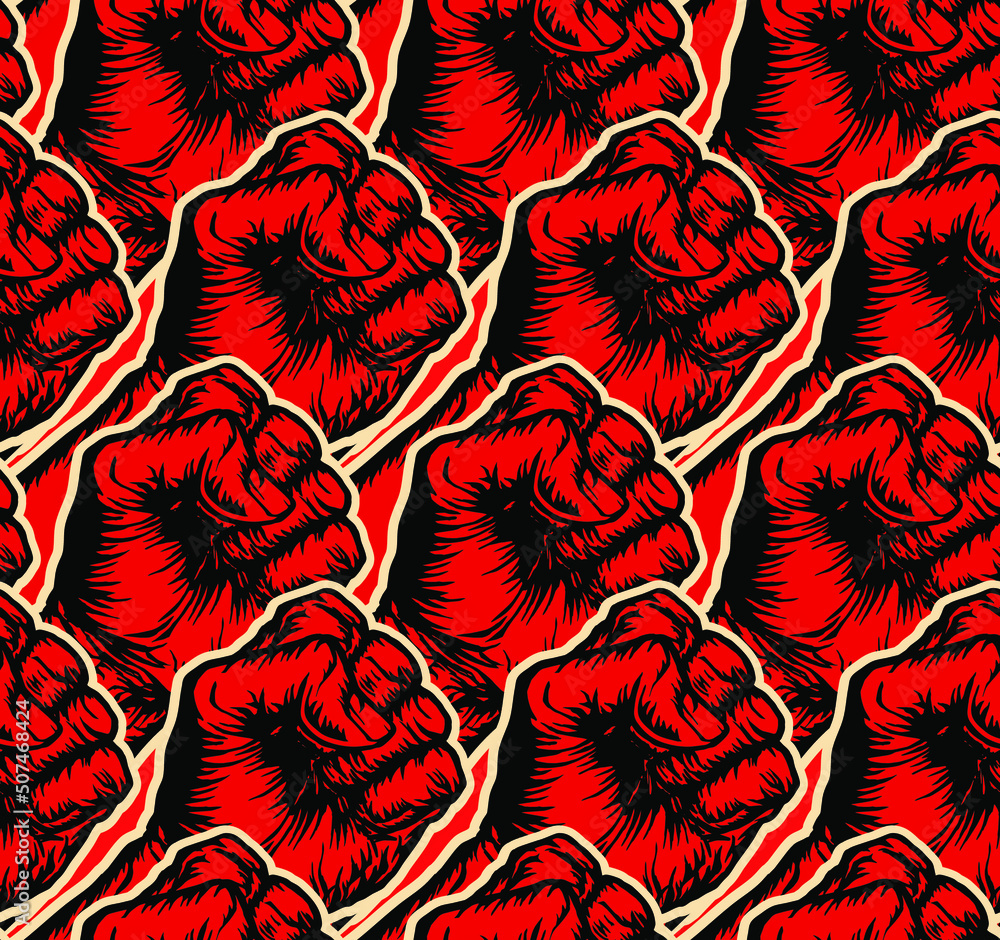 Poster vector seamless pattern of people raised red right fists in the style of soviet propaganda posters.