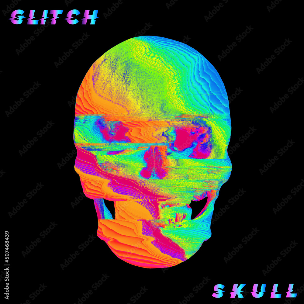 Aufkleber glitch skull. pixel sorting glitch art corrupted graphics of colorful psychedelic front side skull f