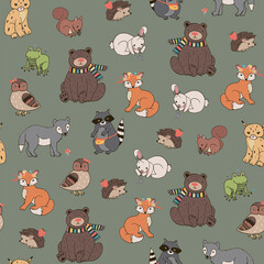 Funny forest animals animals vector seamless pattern