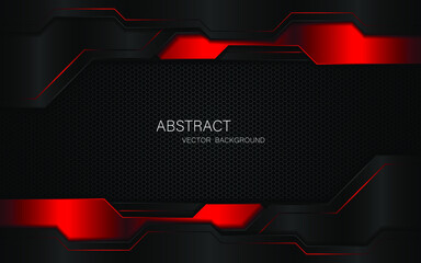 Abstract black and red polygons overlapped on dark steel mesh background with free space for design. modern technology innovation concept background	