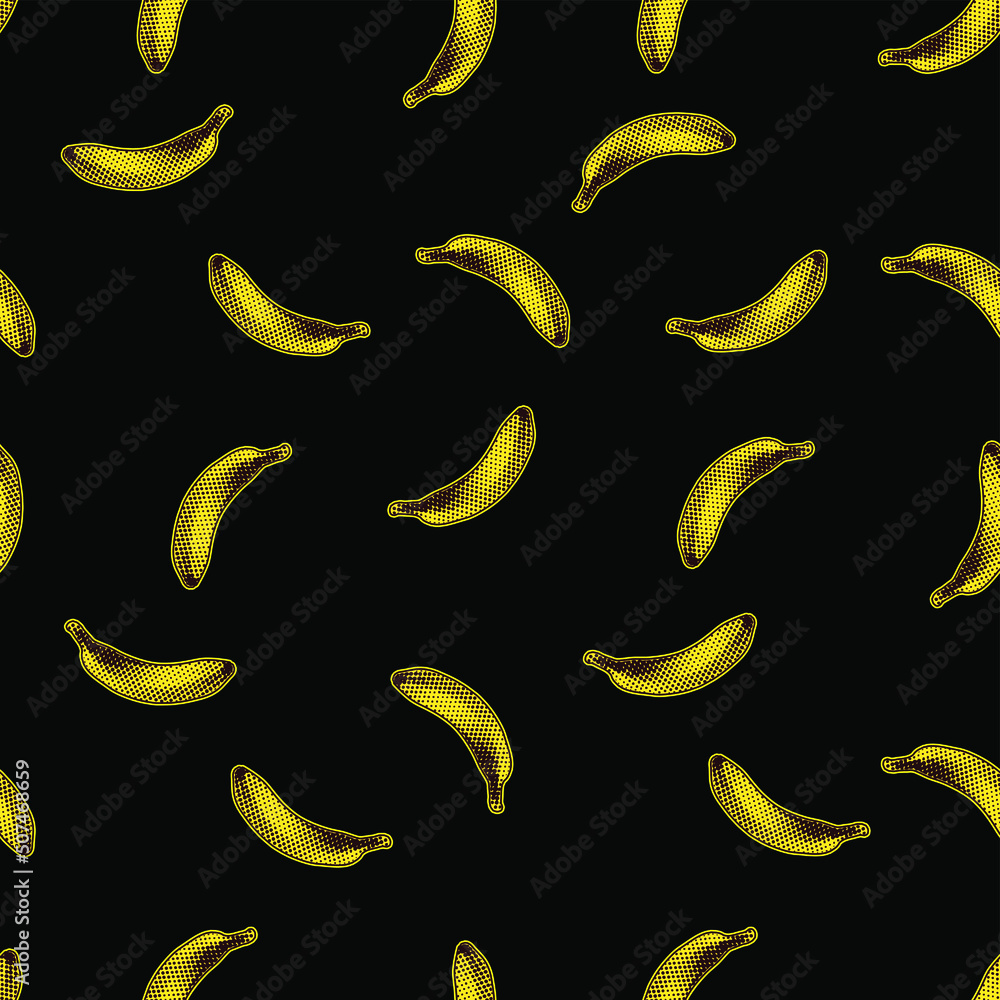 Poster seamless vector pop art pattern of dot halftone yellow bananas randomly scattered on black backgroun