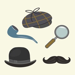 Detective set. Bowler hat, cap, smoking pipe, magnifying glass, detective-sleuth mustache. Gentlemen's set. Isolated vector icons. Private detective accessories, classic Sherlock Holmes paraphernalia.