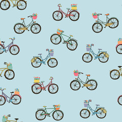 Bicycles with flower baskets vector seamless pattern