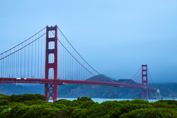 Foggy morning from southeast corner of Golden Gate Bridge in California