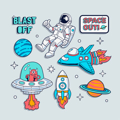 Space badges, stickers. Vector illustrations of peace an astronaut, spaceship, rocket, and planets. - obrazy, fototapety, plakaty