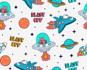 Hand drawn space elements seamless pattern. Space background. Space doodle illustration. Vector illustration. Seamless pattern with cartoon space rockets, planets, stars, and slogans. © cddesign.co