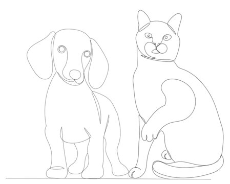cat dog drawing in one continuous line, sketch, isolated, vector
