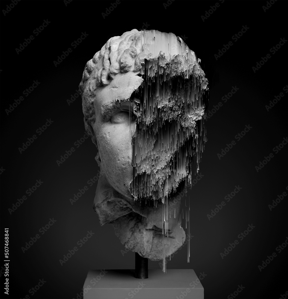 Poster glitch pixel sorting black and white illustration of glitched damaged classical sculpture head from 