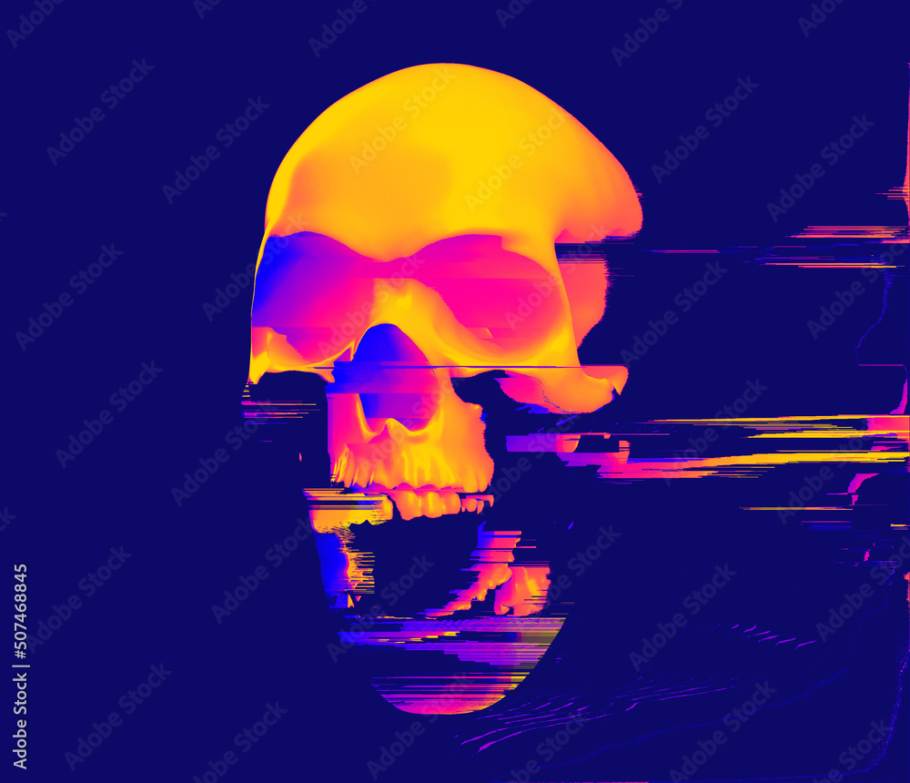 Poster digital glitched abstract skull in pixel sorting effect and colorful psychedelic colors in the style