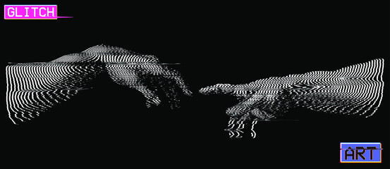 Vector black and white oscilloscope illustration of hands reaching isolated on background.