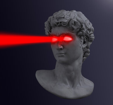 Concept illustration of marble classical head bust sculpture from 3D rendering firing a red laser from illuminated eyes in superhero style and isolated on dark background.