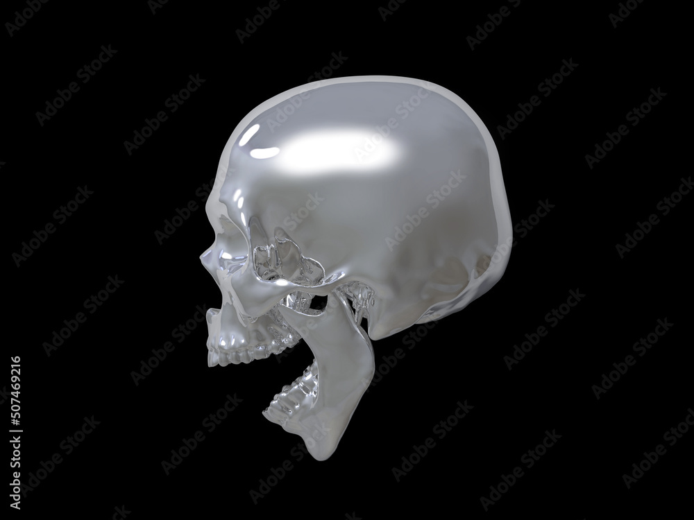 Aufkleber abstract concept illustration from 3d rendering of screaming shiny mirrored skull isolated on black 