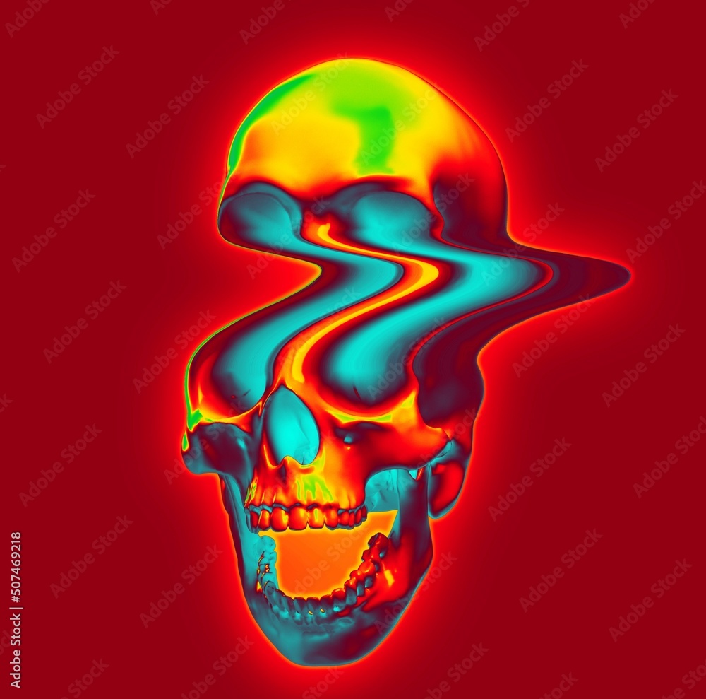 Poster digital illustration from 3d rendering of pixel stretched glitch deformed screaming skull in synthwa