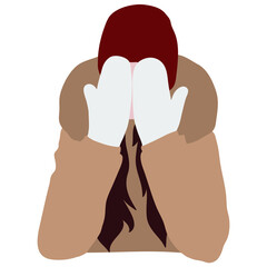 A girl in a beige jacket and a red hat covers her face with white mittens