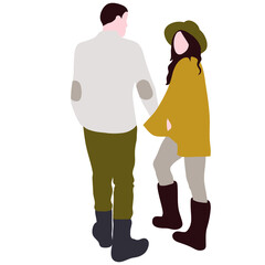 A guy and a girl in warm clothes go hand in hand together