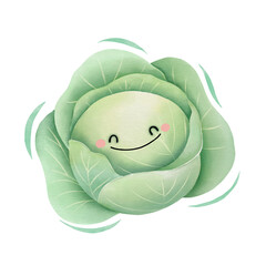 Watercolor cute cabbage cartoon character. Vector illustration.