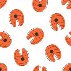 Seamless pattern with cartoon steak salmon. Vector illustration on white background.