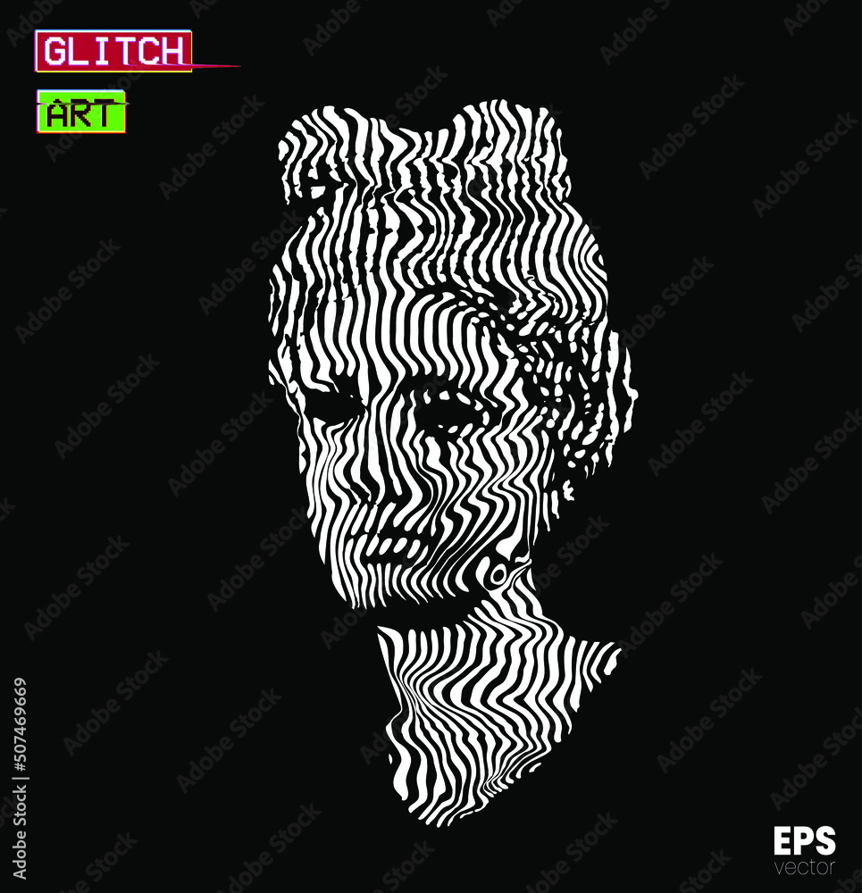 Aufkleber glitch art. vector black and white striped and glitched pattern illustration from 3d rendering of cl