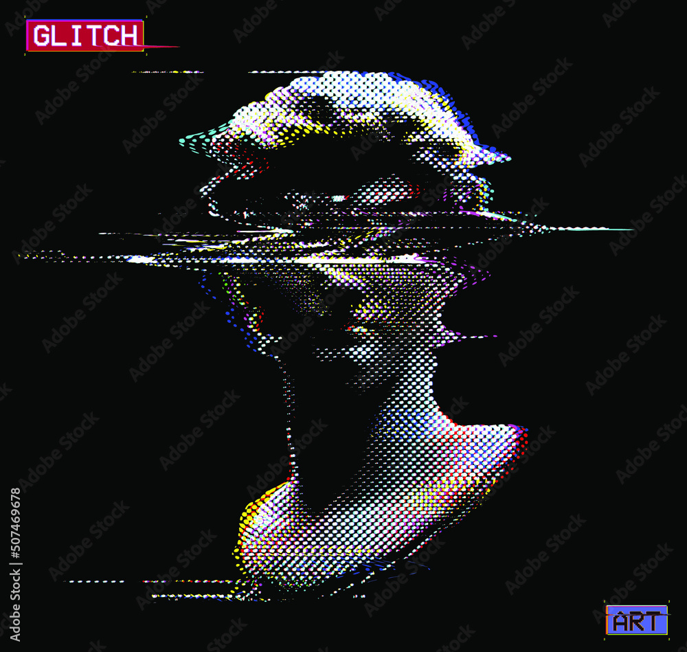 Poster abstract dot halftone color illustration of glitched classical head sculpture from 3d rendering and 