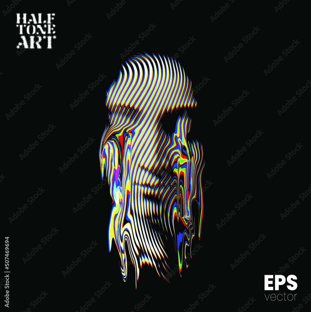 Poster halftone art. vector color rgb mode illustration from 3d rendering of female face in wavy line halft