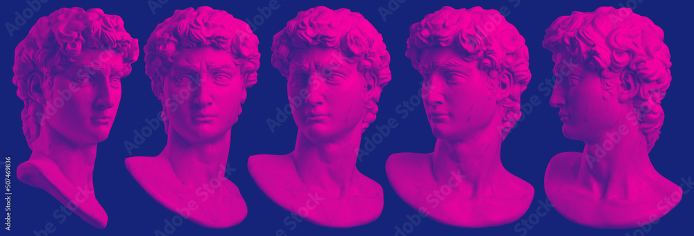 Poster digital 3d rendering set illustration of classical pink marble head bust sculpture rotated in 5 diff