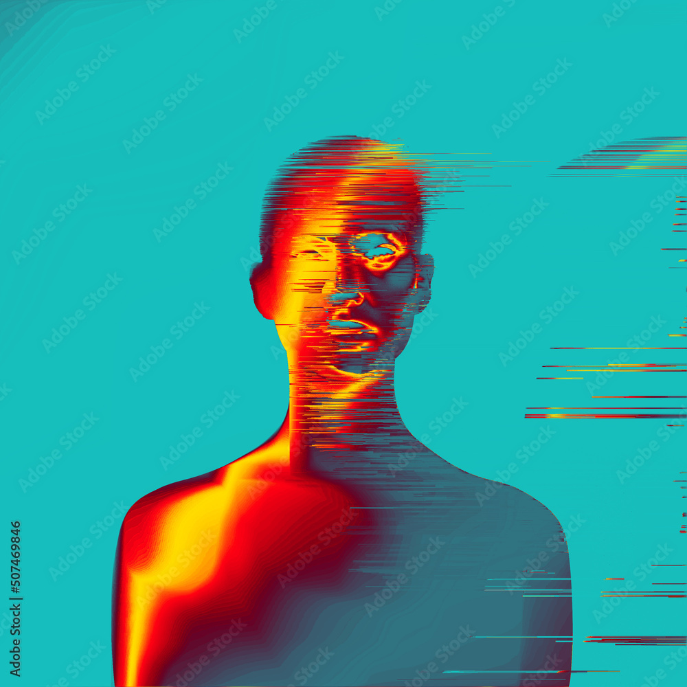 Poster abstract glitch art illustration from 3d rendering in corrupted crt tv and vhs style and pixel sorti