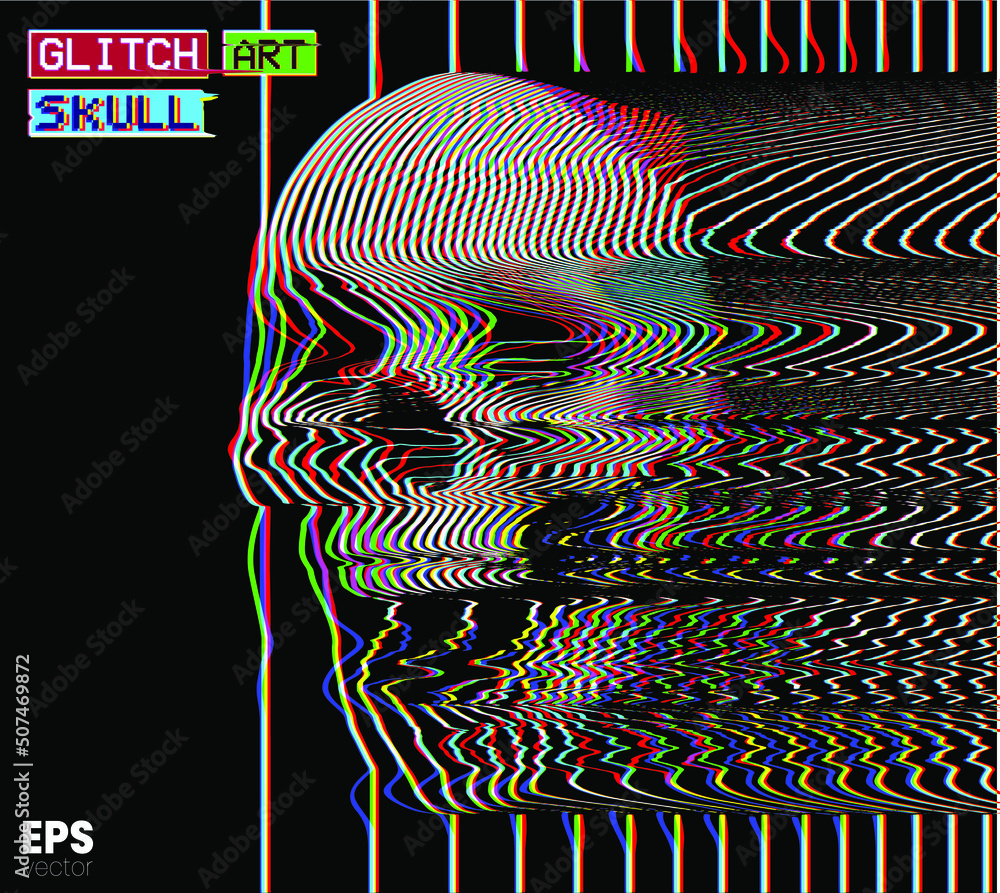 Aufkleber glitch art skull. vector illustration of digital glitch art screaming skull in oscilloscope rgb colo