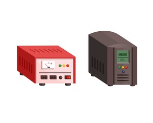 Electical Stabilizer and UPS Battery comparison. voltage stabilizer device object set illustration vector - obrazy, fototapety, plakaty