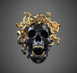 Concept illustration 3D rendering of screaming black skull with golden teeth and medusa snakes hair headpiece isolated on grey background.