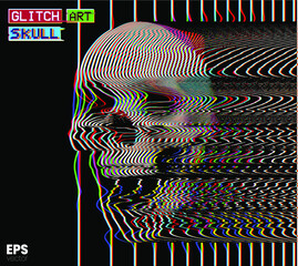 Glitch Art Skull. Vector illustration of digital glitch art screaming skull in oscilloscope RGB color mode line on black background from 3D rendering in the style of old CRT TVs and VHS.
