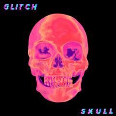 Pixel sorting glitch art corrupted graphics of colorful psychedelic front side skull from 3D rendering isolated on black background.