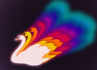 White swan abstract concept colorful illustration in the 80s and 90s synthwave echoed colors style design on dark background.