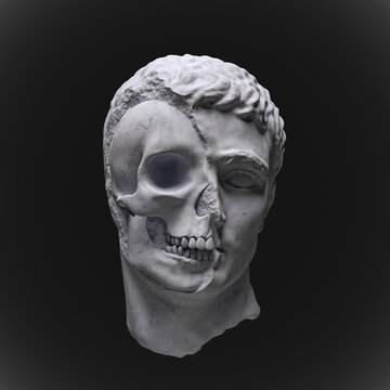 Abstract illustration from 3D rendering illustration of half skull white marble classical sculpture head isolated on black background.