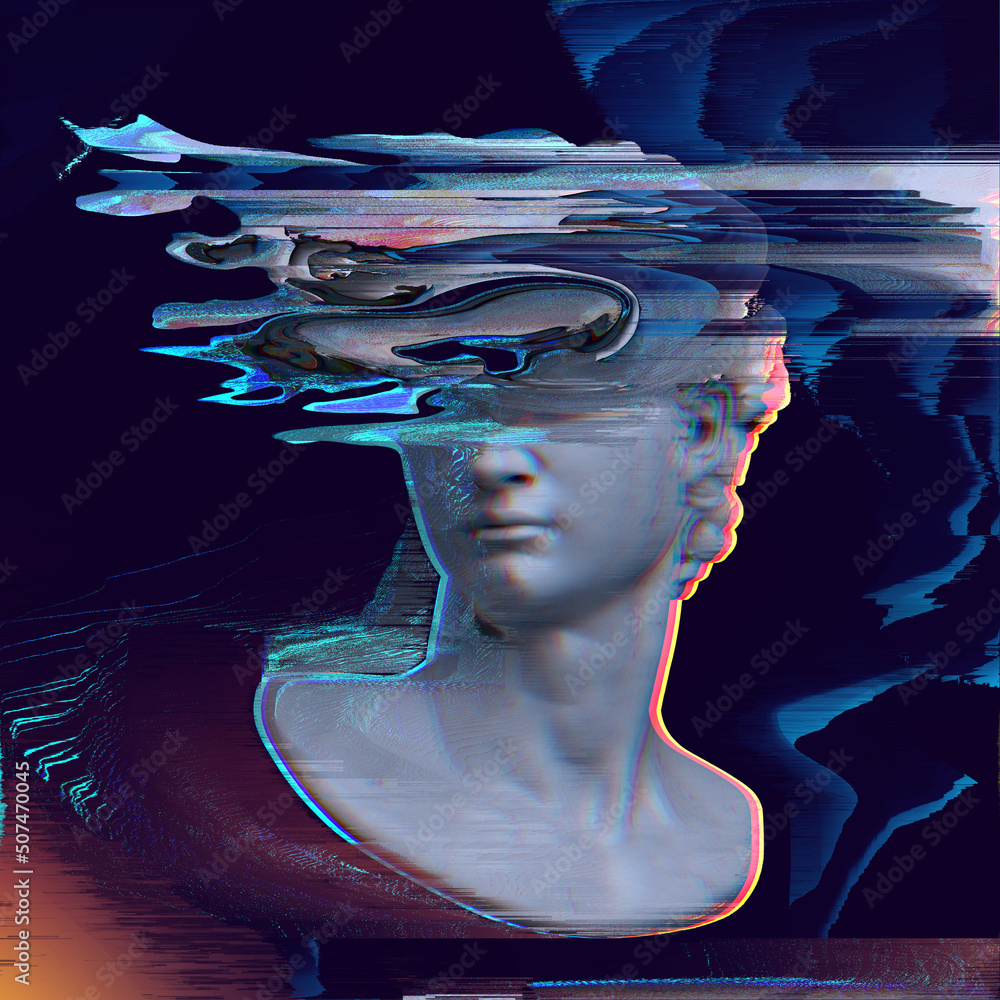 Poster corrupted graphics glitch pixel sorting digital illustration from 3d rendering of classical male mar