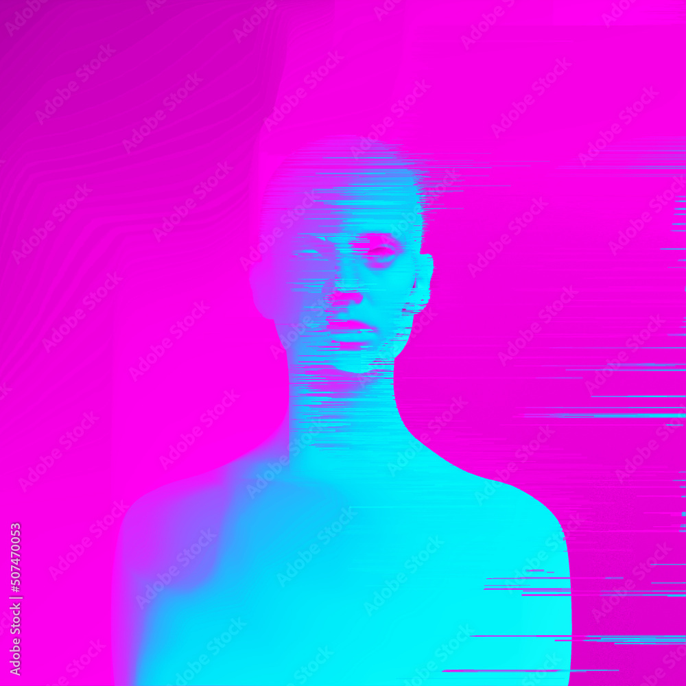 Poster abstract glitch art illustration from 3d rendering in corrupted crt tv and vhs style and pixel sorti