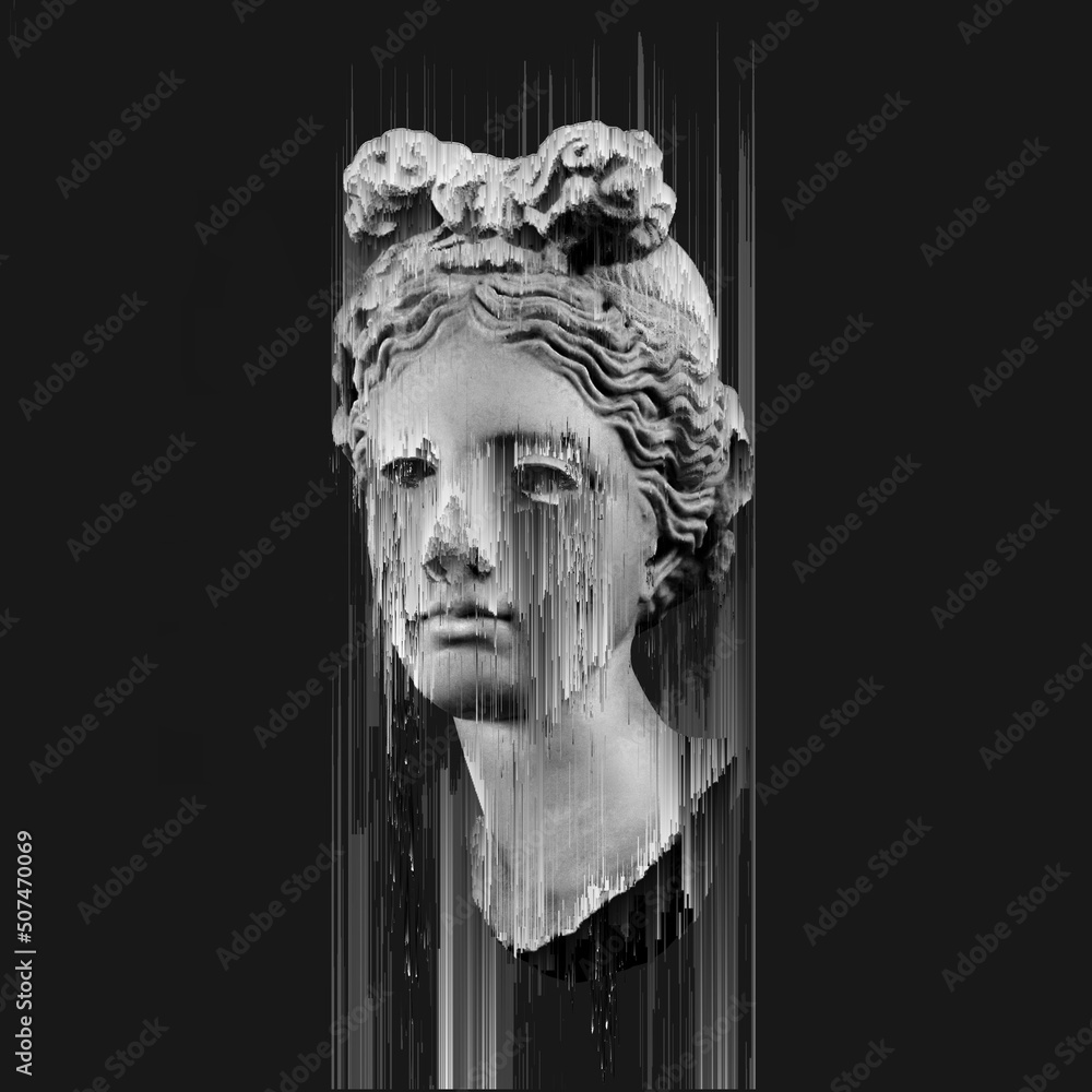 Poster glitch pixel sorting black and white illustration of greek classical head sculpture 3d rendering in 
