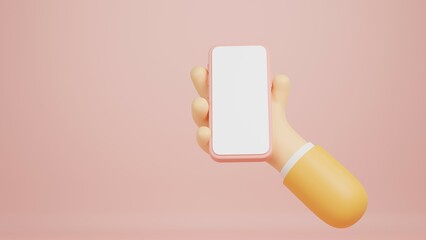 3d render mobile gadget with empty white screen in cartoon character hand on pink background.
