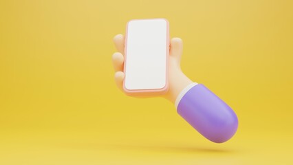 3d render mobile gadget with empty white screen in cartoon character hand on orange background.