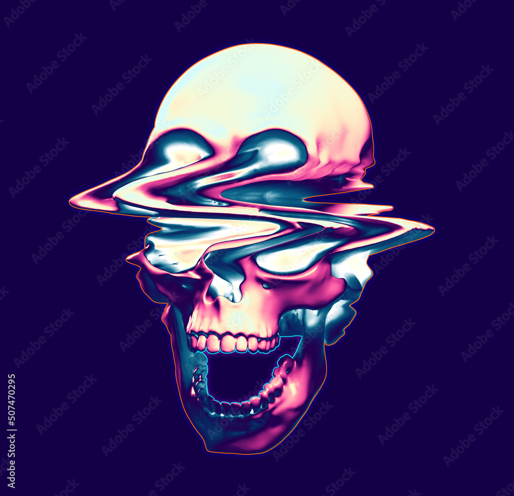 Poster digital illustration from 3d rendering of glitch deformed screaming skull in synthwave vibrant color